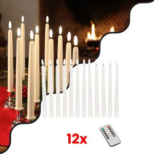79564 ΣΕΤ 12 Διακοσμητικών Realistic Κεριών Κηροπηγίου με LED Εφέ Κινούμενης Φλόγας – Μπαταρίας & Ασύρματο Χειριστήριο IR Θερμό Λευκό 2700K Dimmable