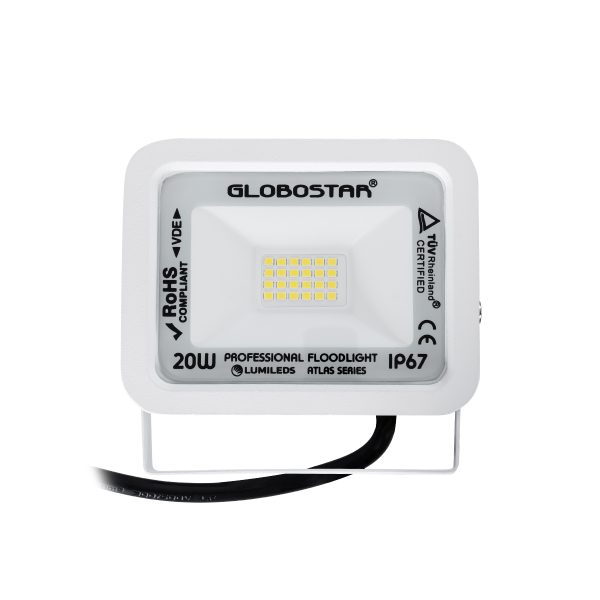 ATLAS 61408 Επαγγελματικός Προβολέας LED 20W 2400lm 120° AC 220-240V - Αδιάβροχος IP67 - Μ12 x Π2.5 x Υ9.5cm - Λευκό - Φυσικό Λευκό 4500K - LUMILEDS Chips - TÜV Rheinland Certified - 5 Years Warranty - Image 2
