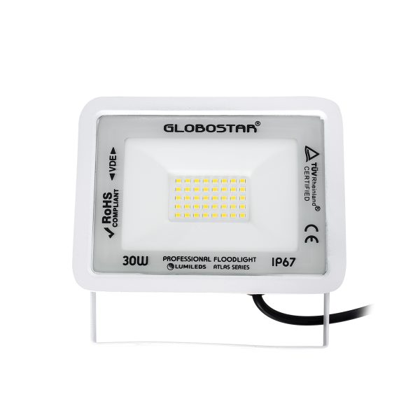 ATLAS 61414 Επαγγελματικός Προβολέας LED 30W 3600lm 120° AC 220-240V - Αδιάβροχος IP67 - Μ16 x Π2.5 x Υ12.5cm - Λευκό - Φυσικό Λευκό 4500K - LUMILEDS Chips - TÜV Rheinland Certified - 5 Years Warranty - Image 2