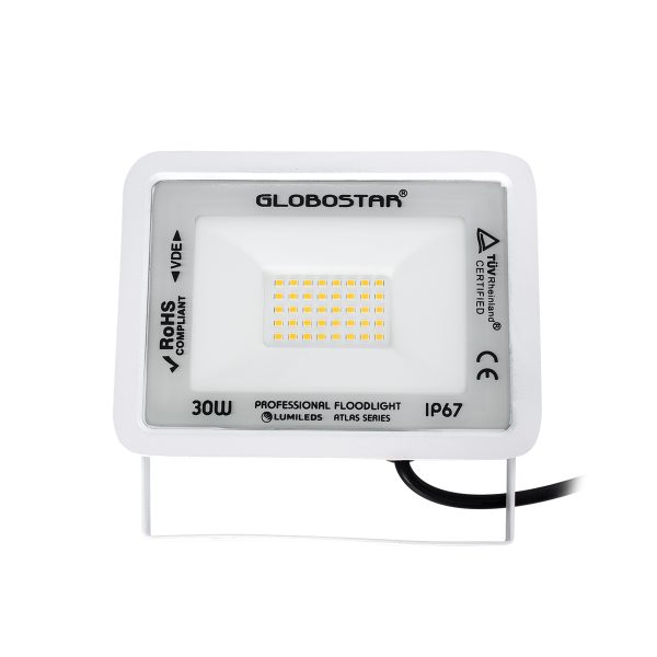 ATLAS 61415 Επαγγελματικός Προβολέας LED 30W 3450lm 120° AC 220-240V - Αδιάβροχος IP67 - Μ16 x Π2.5 x Υ12.5cm - Λευκό - Θερμό Λευκό 2700K - LUMILEDS Chips - TÜV Rheinland Certified - 5 Years Warranty - Image 2