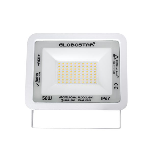 ATLAS 61421 Επαγγελματικός Προβολέας LED 50W 5750lm 120° AC 220-240V - Αδιάβροχος IP67 - Μ21 x Π3.5 x Υ16cm - Λευκό - Θερμό Λευκό 2700K - LUMILEDS Chips - TÜV Rheinland Certified - 5 Years Warranty - Image 2