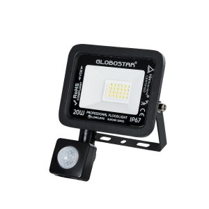 AURORA 61437 Επαγγελματικός Προβολέας LED 20W 2500lm 120° AC 220-240V με Ενσωματωμένο Ρυθμιζόμενο Αισθητήρα Κίνησης PIR – Αδιάβροχος IP67 – Μ12 x Π5 x Υ14.5cm – Μαύρο – Ψυχρό Λευκό 6000K – LUMILEDS Chips – TÜV Rheinland Certified – 3 Years Warranty