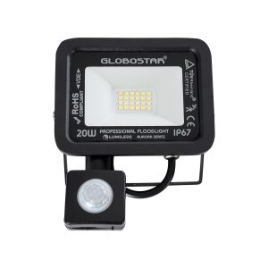AURORA 61437 Επαγγελματικός Προβολέας LED 20W 2500lm 120° AC 220-240V με Ενσωματωμένο Ρυθμιζόμενο Αισθητήρα Κίνησης PIR – Αδιάβροχος IP67 – Μ12 x Π5 x Υ14.5cm – Μαύρο – Ψυχρό Λευκό 6000K – LUMILEDS Chips – TÜV Rheinland Certified – 3 Years Warranty