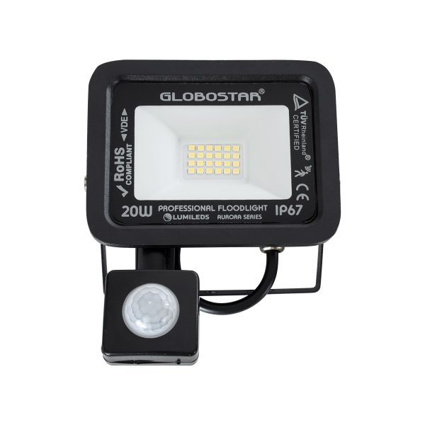 AURORA 61437 Επαγγελματικός Προβολέας LED 20W 2500lm 120° AC 220-240V με Ενσωματωμένο Ρυθμιζόμενο Αισθητήρα Κίνησης PIR - Αδιάβροχος IP67 - Μ12 x Π5 x Υ14.5cm - Μαύρο - Ψυχρό Λευκό 6000K - LUMILEDS Chips - TÜV Rheinland Certified - 3 Years Warranty - Image 2