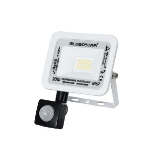 AURORA 61438 Επαγγελματικός Προβολέας LED 20W 2500lm 120° AC 220-240V με Ενσωματωμένο Ρυθμιζόμενο Αισθητήρα Κίνησης PIR – Αδιάβροχος IP67 – Μ12 x Π5 x Υ14.5cm – Λευκό – Ψυχρό Λευκό 6000K – LUMILEDS Chips – TÜV Rheinland Certified – 3 Years Warranty