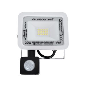 AURORA 61438 Επαγγελματικός Προβολέας LED 20W 2500lm 120° AC 220-240V με Ενσωματωμένο Ρυθμιζόμενο Αισθητήρα Κίνησης PIR – Αδιάβροχος IP67 – Μ12 x Π5 x Υ14.5cm – Λευκό – Ψυχρό Λευκό 6000K – LUMILEDS Chips – TÜV Rheinland Certified – 3 Years Warranty