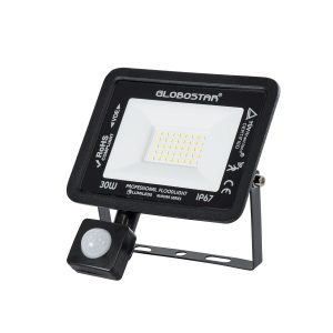 AURORA 61439 Επαγγελματικός Προβολέας LED 30W 3750lm 120° AC 220-240V με Ενσωματωμένο Ρυθμιζόμενο Αισθητήρα Κίνησης PIR – Αδιάβροχος IP67 – Μ16 x Π5 x Υ17.5cm – Μαύρο – Ψυχρό Λευκό 6000K – LUMILEDS Chips – TÜV Rheinland Certified – 3 Years Warranty