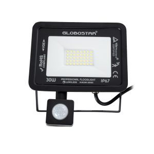 AURORA 61439 Επαγγελματικός Προβολέας LED 30W 3750lm 120° AC 220-240V με Ενσωματωμένο Ρυθμιζόμενο Αισθητήρα Κίνησης PIR – Αδιάβροχος IP67 – Μ16 x Π5 x Υ17.5cm – Μαύρο – Ψυχρό Λευκό 6000K – LUMILEDS Chips – TÜV Rheinland Certified – 3 Years Warranty