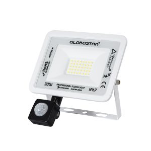 AURORA 61440 Επαγγελματικός Προβολέας LED 30W 3750lm 120° AC 220-240V με Ενσωματωμένο Ρυθμιζόμενο Αισθητήρα Κίνησης PIR – Αδιάβροχος IP67 – Μ16 x Π5 x Υ17.5cm – Λευκό – Ψυχρό Λευκό 6000K – LUMILEDS Chips – TÜV Rheinland Certified – 3 Years Warranty