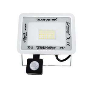 AURORA 61440 Επαγγελματικός Προβολέας LED 30W 3750lm 120° AC 220-240V με Ενσωματωμένο Ρυθμιζόμενο Αισθητήρα Κίνησης PIR – Αδιάβροχος IP67 – Μ16 x Π5 x Υ17.5cm – Λευκό – Ψυχρό Λευκό 6000K – LUMILEDS Chips – TÜV Rheinland Certified – 3 Years Warranty