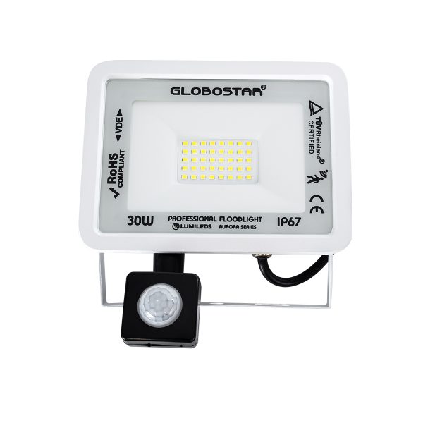 AURORA 61440 Επαγγελματικός Προβολέας LED 30W 3750lm 120° AC 220-240V με Ενσωματωμένο Ρυθμιζόμενο Αισθητήρα Κίνησης PIR - Αδιάβροχος IP67 - Μ16 x Π5 x Υ17.5cm - Λευκό - Ψυχρό Λευκό 6000K - LUMILEDS Chips - TÜV Rheinland Certified - 3 Years Warranty - Image 2