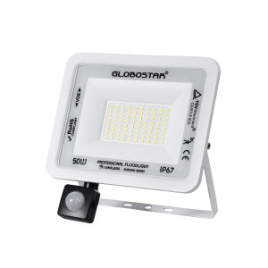 AURORA 61442 Επαγγελματικός Προβολέας LED 50W 6250lm 120° AC 220-240V με Ενσωματωμένο Ρυθμιζόμενο Αισθητήρα Κίνησης PIR – Αδιάβροχος IP67 – Μ21 x Π5 x Υ21cm – Λευκό – Ψυχρό Λευκό 6000K – LUMILEDS Chips – TÜV Rheinland Certified – 3 Years Warranty