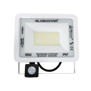 AURORA 61442 Επαγγελματικός Προβολέας LED 50W 6250lm 120° AC 220-240V με Ενσωματωμένο Ρυθμιζόμενο Αισθητήρα Κίνησης PIR – Αδιάβροχος IP67 – Μ21 x Π5 x Υ21cm – Λευκό – Ψυχρό Λευκό 6000K – LUMILEDS Chips – TÜV Rheinland Certified – 3 Years Warranty