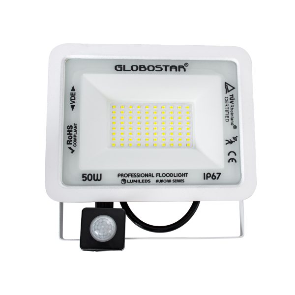 AURORA 61442 Επαγγελματικός Προβολέας LED 50W 6250lm 120° AC 220-240V με Ενσωματωμένο Ρυθμιζόμενο Αισθητήρα Κίνησης PIR - Αδιάβροχος IP67 - Μ21 x Π5 x Υ21cm - Λευκό - Ψυχρό Λευκό 6000K - LUMILEDS Chips - TÜV Rheinland Certified - 3 Years Warranty - Image 2