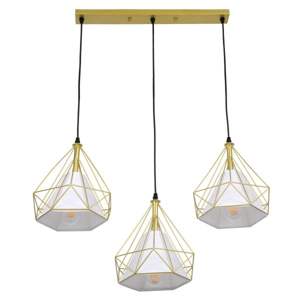 EIFFEL 61571 Vintage Κρεμαστό Φωτιστικό Ράγα Τρίφωτο 3 x E27 IP20 Χρυσό Μέταλλο με Λευκό Ύφασμα - Μ68 x Π25 x Υ130cm - Image 4