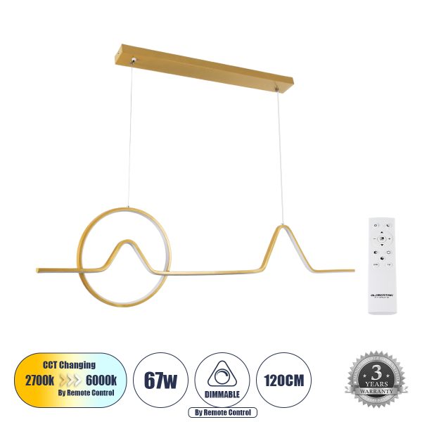 WINDY 61293 Κρεμαστό Φωτιστικό Οροφής Design LED CCT 67W 7504lm 300° AC 220-240V - Εναλλαγή Φωτισμού μέσω Τηλεχειριστηρίου All In One Ψυχρό 6000k+Φυσικό 4500k+Θερμό 2700k Dimmable Μ120 x Π4 x Υ30cm - Χρυσό Βούρτσας - 3 Years Warranty