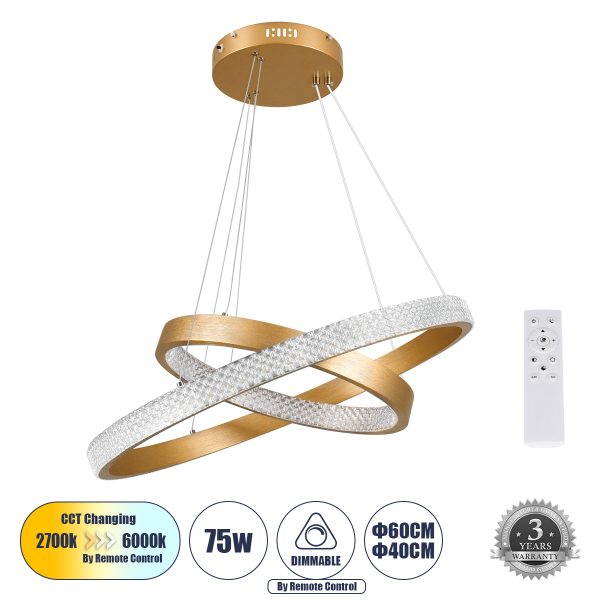 DIAMOND DUO 61151-DECO Κρεμαστό Φωτιστικό Δαχτυλίδι-Κύκλος LED CCT 75W 8743lm 360° AC 220-240V - Εναλλαγή Φωτισμού μέσω Τηλεχειριστηρίου All In One Ψυχρό 6000k+Φυσικό 4500k+Θερμό 2700k Dimmable Φ40+60cm - Χρυσό Βούρτσας - 3 Years Warranty