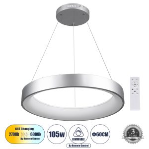 SALEM 61246 Κρεμαστή Πλαφονιέρα Οροφής Δαχτυλίδι-Κύκλος LED CCT 105W 12075lm 120° AC 220-240V – Εναλλαγή Φωτισμού μέσω Τηλεχειριστηρίου All In One Ψυχρό 6000k+Φυσικό 4500k+Θερμό 2700k Dimmable Φ60cm – Ασημί – 3 Years Warranty