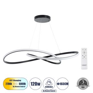 DEXTER 60917 Κρεμαστό Φωτιστικό Οροφής Design LED CCT 120W 13440lm 300° AC 220-240V – Εναλλαγή Φωτισμού μέσω Τηλεχειριστηρίου All In One Ψυχρό 6000k+Φυσικό 4500k+Θερμό 2700k Dimmable Φ103cm – Μαύρο – 3 Years Warranty