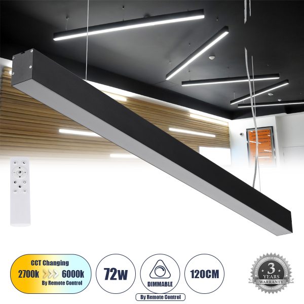 ORION 61030-P Γραμμικό Κρεμαστό Φωτιστικό Linear LED CCT 72W 8600lm 120° AC 220-240V Μ120 x Π5.5 x Υ7cm - Εναλλαγή Φωτισμού μέσω Τηλεχειριστηρίου All In One Ψυχρό 6000k+Φυσικό 4500k+Θερμό 2700k Dimmable - Μαύρο - 3 Years Warranty