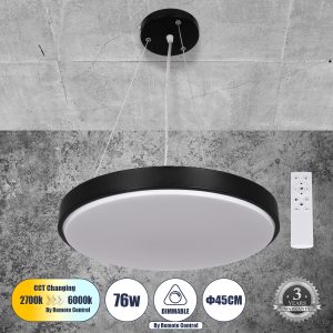 CASPER 61019 Κρεμαστή Πλαφονιέρα Οροφής LED CCT 76W 8372lm 120° AC 220-240V – Εναλλαγή Φωτισμού μέσω Τηλεχειριστηρίου All In One Ψυχρό Λευκό 6000k+Φυσικό Λευκό 4500k+Θερμό Λευκό 2700k Dimmable Φ45cm – Μαύρο – 3 Years Warranty