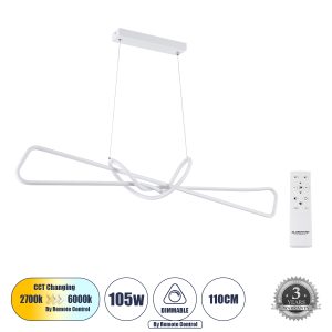 DOLORES 61280 Κρεμαστό Φωτιστικό Οροφής Design LED CCT 105W 11760lm 300° AC 220-240V – Εναλλαγή Φωτισμού μέσω Τηλεχειριστηρίου All In One Ψυχρό 6000k+Φυσικό 4500k+Θερμό 2700k Dimmable Μ110 x Π17 x Υ17.5cm – Λευκό – 3 Years Warranty
