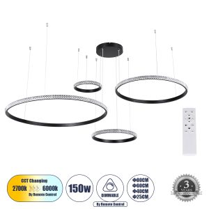 DIAMOND TETRA 61148 Κρεμαστό Φωτιστικό Δαχτυλίδι-Κύκλος LED CCT 150W 18379lm 360° AC 220-240V – Εναλλαγή Φωτισμού μέσω Τηλεχειριστηρίου All In One Ψυχρό 6000k+Φυσικό 4500k+Θερμό 2700k Dimmable Φ25+40+60+80cm – Μαύρο – 3 Years Warranty