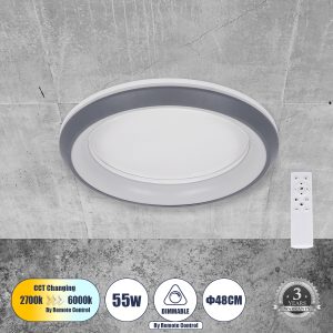 MELINA 61042 Πλαφονιέρα Οροφής Κύκλος LED CCT 55W 6376lm 120° AC 220-240V – Εναλλαγή Φωτισμού μέσω Τηλεχειριστηρίου All In One Ψυχρό Λευκό 6000k+Φυσικό Λευκό 4500k+Θερμό Λευκό 2700k Dimmable Φ48cm – Γκρι Ανθρακί – 3 Years Warranty