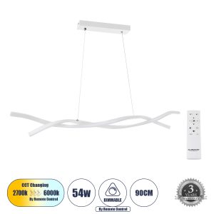 MORALES 61276 Κρεμαστό Φωτιστικό Οροφής Design LED CCT 54W 6048lm 200° AC 220-240V – Εναλλαγή Φωτισμού μέσω Τηλεχειριστηρίου All In One Ψυχρό 6000k+Φυσικό 4500k+Θερμό 2700k Dimmable Μ90 x Π14 x Υ14cm – Λευκό – 3 Years Warranty