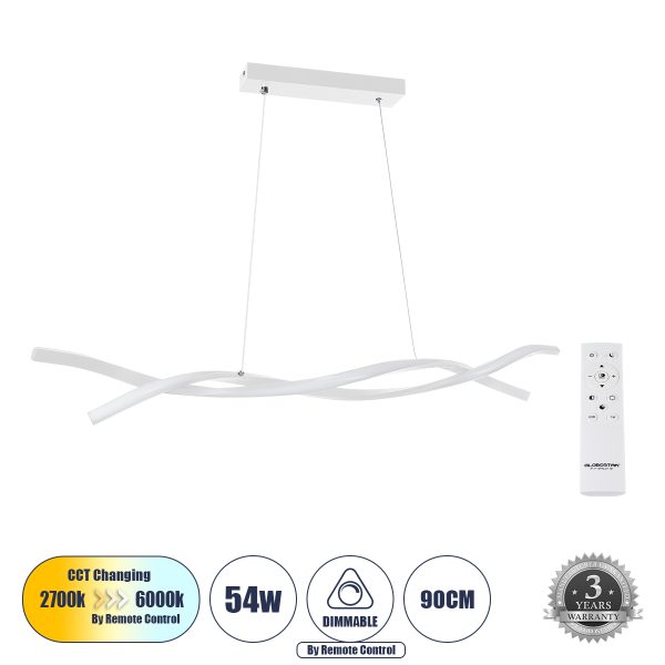 MORALES 61276 Κρεμαστό Φωτιστικό Οροφής Design LED CCT 54W 6048lm 200° AC 220-240V - Εναλλαγή Φωτισμού μέσω Τηλεχειριστηρίου All In One Ψυχρό 6000k+Φυσικό 4500k+Θερμό 2700k Dimmable Μ90 x Π14 x Υ14cm - Λευκό - 3 Years Warranty