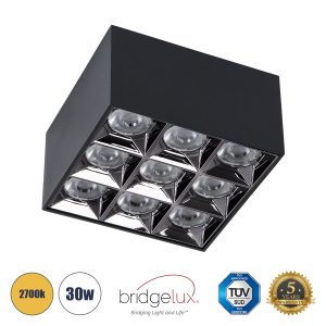 LUMINAR SUPERIOR 60337 Επιφανειακό LED Spot Downlight TrimLess 30W 4050lm 36° AC 220-240V IP20 Μ12 x Π12 x Υ6.6cm – Μαύρο με Κάτοπτρο Χρωμίου – Θερμό Λευκό 2700K – Bridgelux High Lumen Chip Gen2 – TÜV Certified Driver – 5 Years Warranty