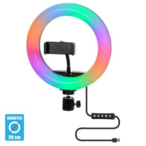 75800 Professional Digital Ring Light Φ20cm LED SMD 20W 2000lm 180° DC 5V με Καλώδιο Τροφοδοσίας USB – Ενσωματωμένο Χειριστήριο Εναλλαγής Χρωμάτων & 1 Βάση Τηλεφώνου – Πολύχρωμο RGBW+WW Dimmable