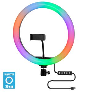 75802 Professional Digital Ring Light Φ30cm LED SMD 40W 4000lm 180° DC 5V με Καλώδιο Τροφοδοσίας USB – Ενσωματωμένο Χειριστήριο Εναλλαγής Χρωμάτων & 1 Βάση Τηλεφώνου – Πολύχρωμο RGBW+WW Dimmable