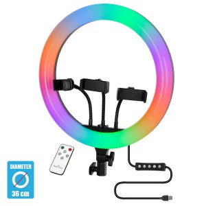 75803 Professional Digital Ring Light Φ36cm LED SMD 50W 5000lm 180° DC 5V με Καλώδιο Τροφοδοσίας USB – Ενσωματωμένο και Ασύρματο Χειριστήριο RF 2.4Ghz Εναλλαγής Χρωμάτων & 3 Βάσεις Τηλεφώνου – Πολύχρωμο RGBW+WW Dimmable