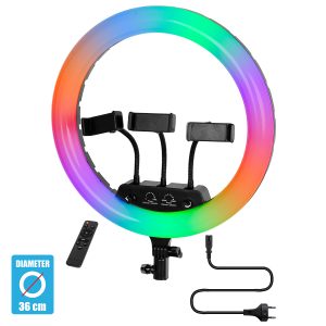 75804 Professional Digital Ring Light Φ36cm LED SMD 50W 5000lm 180° AC 230V με Καλώδιο Τροφοδοσίας Πρίζας – Ασύρματο Χειριστήριο RF 2.4Ghz Εναλλαγής Χρωμάτων & 3 Βάσεις Τηλεφώνου – Πολύχρωμο RGBW+WW Dimmable