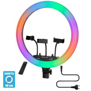 75805 Professional Digital Ring Light Φ46cm LED SMD 70W 7000lm 180° AC 230V με Καλώδιο Τροφοδοσίας Πρίζας – Ασύρματο Χειριστήριο RF 2.4Ghz Εναλλαγής Χρωμάτων & 3 Βάσεις Τηλεφώνου – Πολύχρωμο RGBW+WW Dimmable