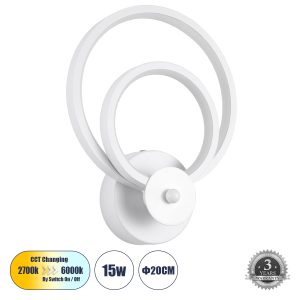 FREDDIE 61077 Φωτιστικό Τοίχου – Απλίκα Design LED CCT 15W 1800lm 300° AC 220-240V – Εναλλαγή Φωτισμού μέσω Διακόπτη On/Off All In One Ψυχρό 6000k+Φυσικό 4500k+Θερμό 2700k Μ20 x Π7.5 x Υ25cm – Λευκό