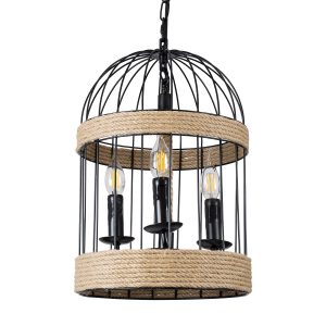 MERLIN 00865 Vintage Κρεμαστό Φωτιστικό Πλέγμα Τρίφωτο 3 x E14 IP20 Μαύρο Μέταλλο με Μπεζ Σχοινί – Μ28 x Π28 x Υ40cm