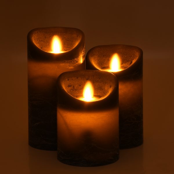 79557 ΣΕΤ 3 Διακοσμητικών Realistic Κεριών Παραφίνης με LED Εφέ Κινούμενης Φλόγας - Μπαταρίας & Ασύρματο Χειριστήριο IR Μαύρα με Ασημένιες Ρίγες Θερμό Λευκό 3000K Dimmable - Image 4