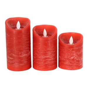 79558 ΣΕΤ 3 Διακοσμητικών Realistic Κεριών Παραφίνης με LED Εφέ Κινούμενης Φλόγας – Μπαταρίας & Ασύρματο Χειριστήριο IR Κόκκινα με Ασημένιες Ρίγες Θερμό Λευκό 3000K Dimmable
