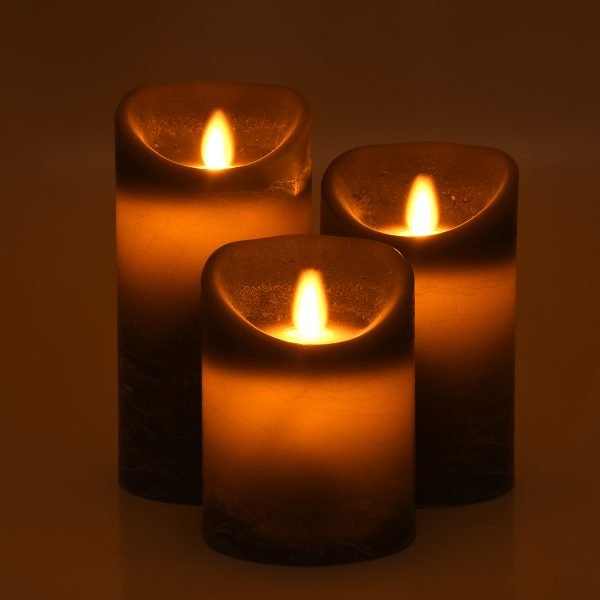 79559 ΣΕΤ 3 Διακοσμητικών Realistic Κεριών Παραφίνης με LED Εφέ Κινούμενης Φλόγας - Μπαταρίας & Ασύρματο Χειριστήριο IR Γκρι με Ασημένιες Ρίγες Θερμό Λευκό 3000K Dimmable - Image 4