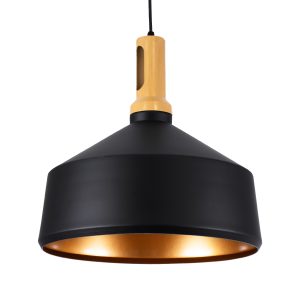 CALYPSO 01334-B Μοντέρνο Κρεμαστό Φωτιστικό Καμπάνα Μονόφωτο 1 x E27 IP20 Μαύρο & Χρυσό Μέταλλο με Μπεζ Ξύλο – Μ36 x Π36 x Υ35cm