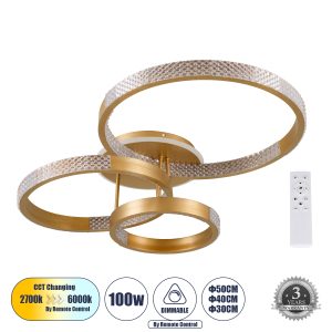 DIAMOND 61116 Φωτιστικό Οροφής Δαχτυλίδι-Κύκλος LED CCT 100W 12123lm 360° AC 220-240V – Εναλλαγή Φωτισμού μέσω Τηλεχειριστηρίου All In One Ψυχρό 6000k+Φυσικό 4500k+Θερμό 2700k Dimmable Φ30+40+50cm+BackLight – Χρυσό Βούρτσας – 3 Years Warranty