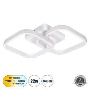 NORA 61062 Φωτιστικό Οροφής Design LED CCT 22W 2640lm 300° AC 220-240V – Εναλλαγή Φωτισμού μέσω Διακόπτη On/Off All In One Ψυχρό 6000k+Φυσικό 4500k+Θερμό 2700k Μ40 x Π24 x Υ7cm – Λευκό