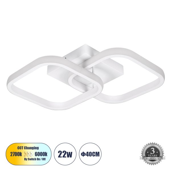 NORA 61062 Φωτιστικό Οροφής Design LED CCT 22W 2640lm 300° AC 220-240V - Εναλλαγή Φωτισμού μέσω Διακόπτη On/Off All In One Ψυχρό 6000k+Φυσικό 4500k+Θερμό 2700k Μ40 x Π24 x Υ7cm - Λευκό