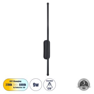 HARLEM 61331 Φωτιστικό Τοίχου – Απλίκα Design LED CCT 9W 1080lm 120° AC 220-240V – Εναλλαγή Φωτισμού μέσω Διακόπτη On/Off All In One Ψυχρό 6000k+Φυσικό 4500k+Θερμό 2700k Μ5 x Π4 x Υ60cm – Μαύρο – 3 Years Warranty