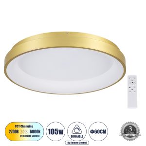 SALEM 61239 Πλαφονιέρα Οροφής Δαχτυλίδι-Κύκλος LED CCT 105W 12075lm 120° AC 220-240V – Εναλλαγή Φωτισμού μέσω Τηλεχειριστηρίου All In One Ψυχρό 6000k+Φυσικό 4500k+Θερμό 2700k Dimmable Φ60cm – Χρυσό Σαμπανιζέ – 3 Years Warranty