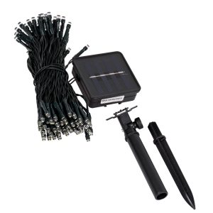 85808 Διακοσμητική Γιρλάντα 10 Μέτρων με Controller 8 Προγραμμάτων Φωτισμού – 100 LED 4W με Ενσωματωμένη Μπαταρία 600mAh – Φωτοβολταϊκό Πάνελ – Αισθητήρα Ημέρας-Νύχτας – Βάση Κήπου & Σκούρο Πράσινο Καλώδιο Αδιάβροχη IP65 Ψυχρό Λευκό 6000K Μ10m