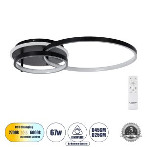 NEMESIS 61105 Φωτιστικό Οροφής Δαχτυλίδι-Κύκλος LED CCT 67W 7573lm 360° AC 220-240V – Εναλλαγή Φωτισμού μέσω Τηλεχειριστηρίου All In One Ψυχρό 6000k+Φυσικό 4500k+Θερμό 2700k Dimmable Φ25+45cm+BackLight – Μαύρο – 3 Years Warranty