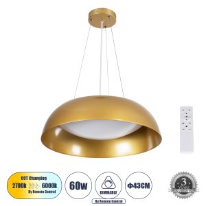 ANATOLIA 61268 Κρεμαστή Πλαφονιέρα Οροφής LED CCT 60W 6900lm 120° AC 220-240V – Εναλλαγή Φωτισμού μέσω Τηλεχειριστηρίου All In One Ψυχρό 6000k+Φυσικό 4500k+Θερμό 2700k Dimmable Φ43cm – Χρυσό – 3 Years Warranty